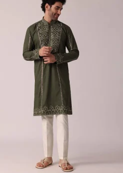 Green Festive Linen Kurta Set For Men