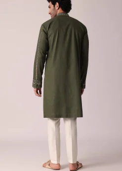 Green Festive Linen Kurta Set For Men