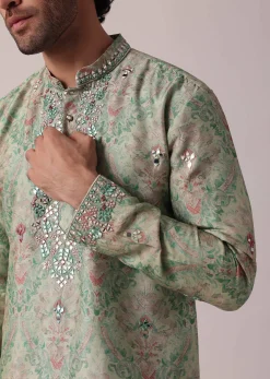 Green Festive Silk Kurta Set For Men