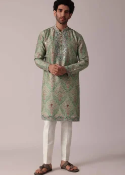 Green Festive Silk Kurta Set For Men