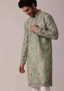 Green Festive Silk Kurta Set For Men
