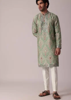 Green Festive Silk Kurta Set For Men