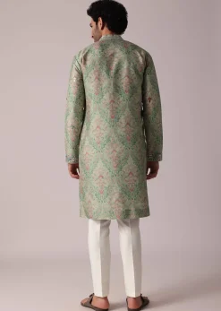 Green Festive Silk Kurta Set For Men