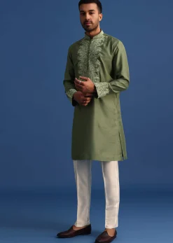 Green Floral Embroidered Kurta Set With Resham Work