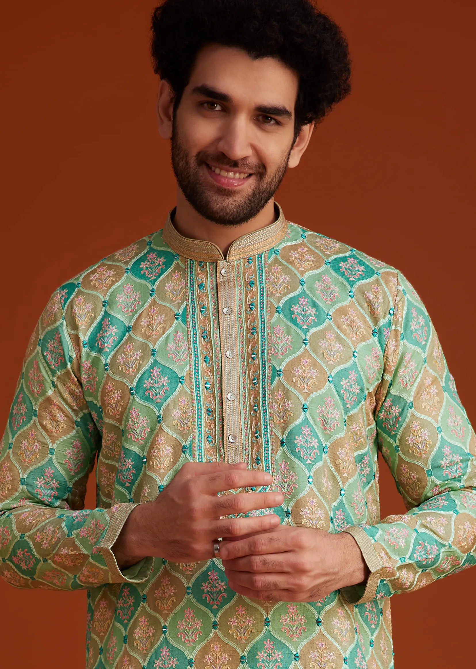 Green Floral Geometric Printed Kurta Pajama Set