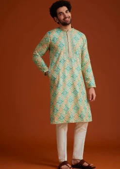 Green Floral Geometric Printed Kurta Pajama Set