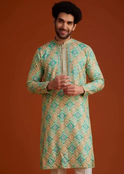 Green Floral Geometric Printed Kurta Pajama Set