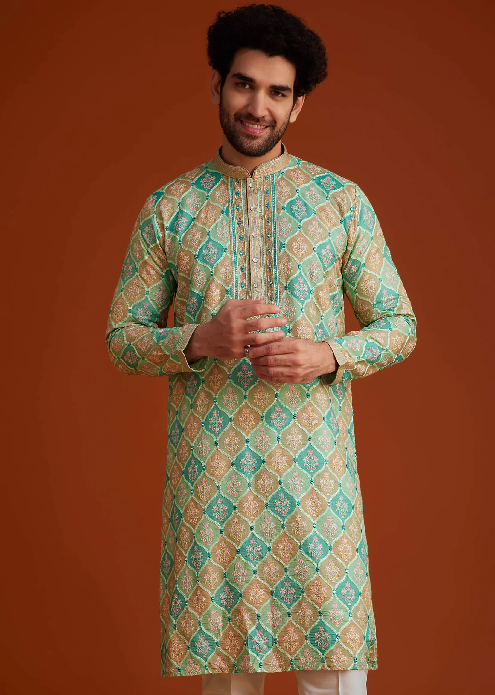 Green Floral Geometric Printed Kurta Pajama Set