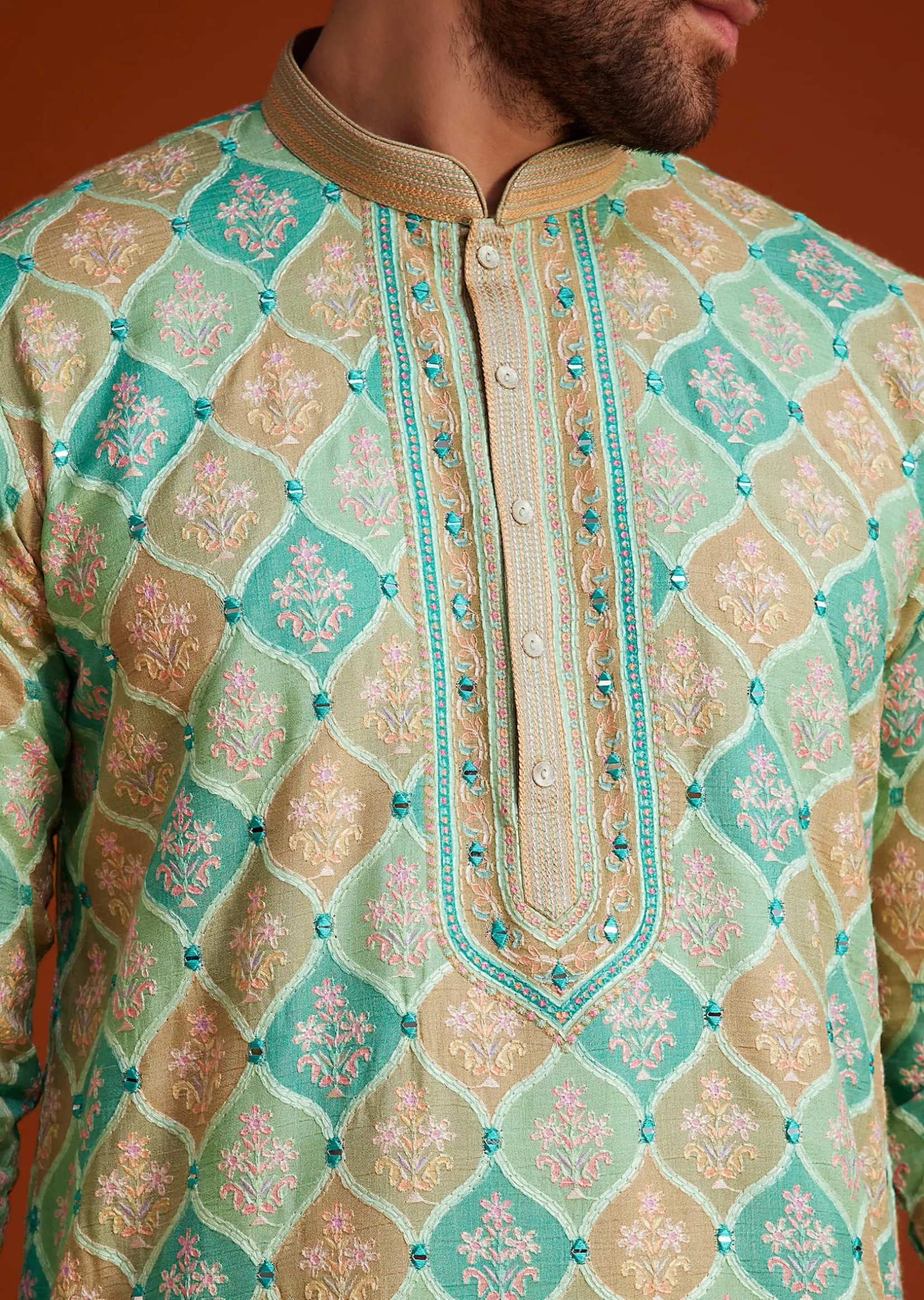 Green Floral Geometric Printed Kurta Pajama Set