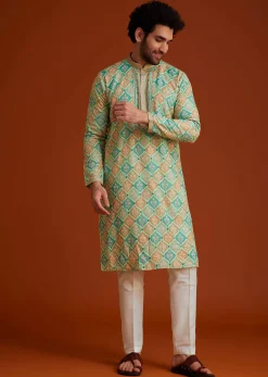 Green Floral Geometric Printed Kurta Pajama Set