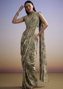 Green Floral Printed Saree With Embroidered Blouse