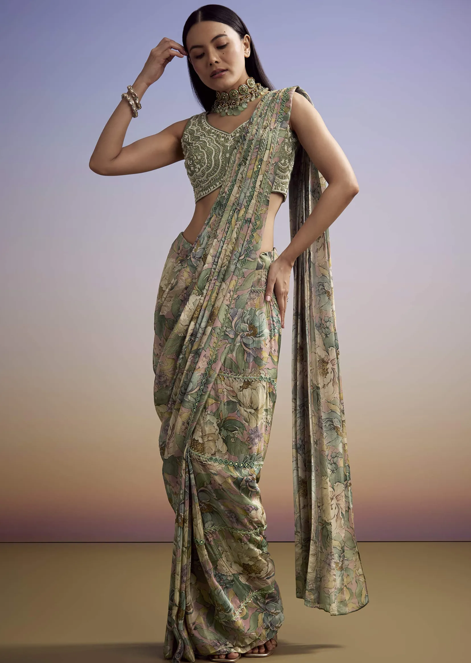 Green Floral Printed Saree With Embroidered Blouse