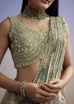 Green Floral Printed Saree With Embroidered Blouse