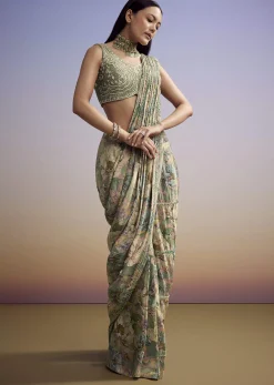 Green Floral Printed Saree With Embroidered Blouse