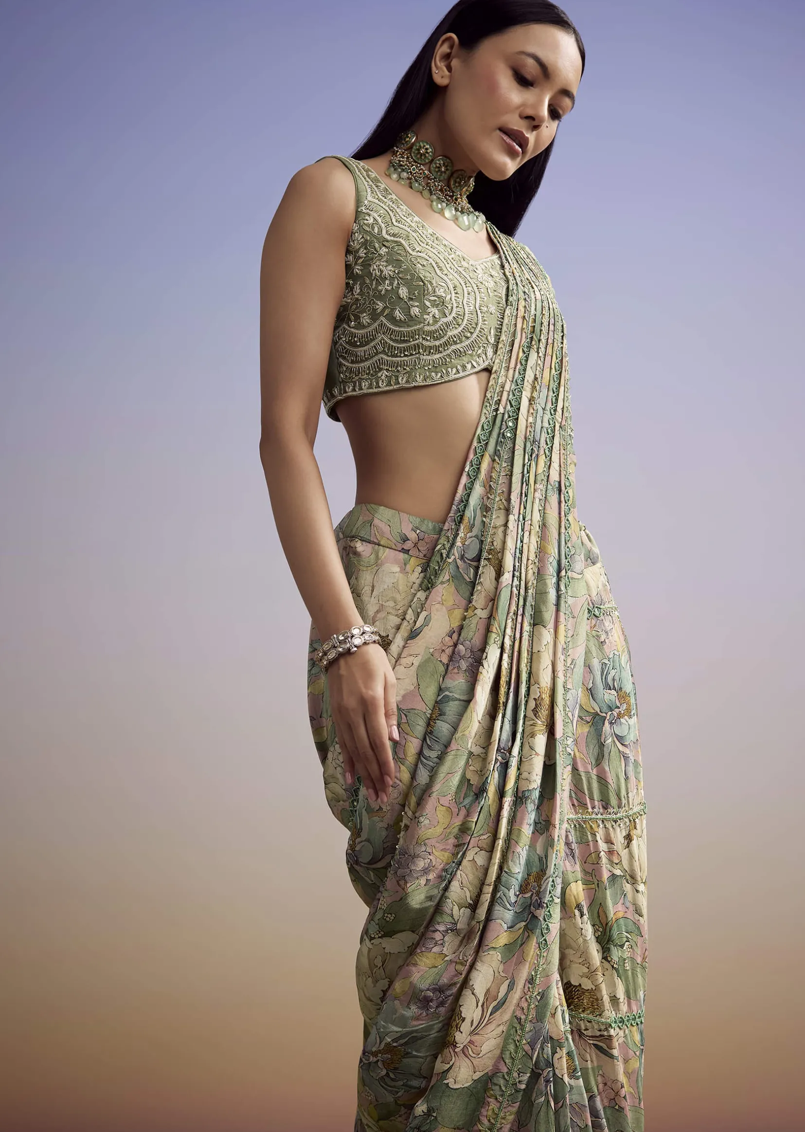 Green Floral Printed Saree With Embroidered Blouse