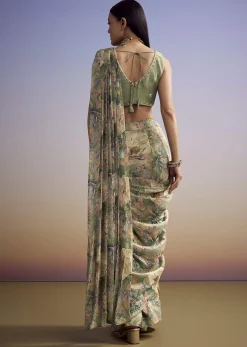 Green Floral Printed Saree With Embroidered Blouse
