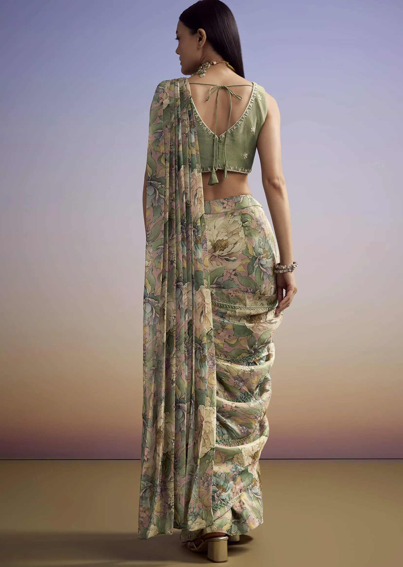 Green Floral Printed Saree With Embroidered Blouse