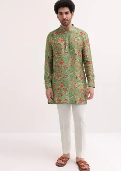 Green Floral Printed Silk Short Kurta Set For Men