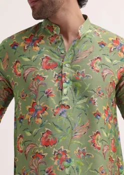 Green Floral Printed Silk Short Kurta Set For Men