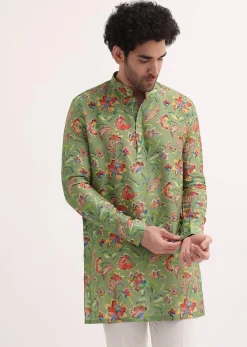 Green Floral Printed Silk Short Kurta Set For Men
