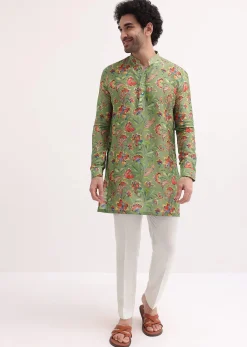 Green Floral Printed Silk Short Kurta Set For Men