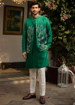Green Floral Resham Embroidered Kurta Jacket Set