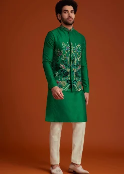 Green Floral Resham Embroidered Kurta Jacket Set