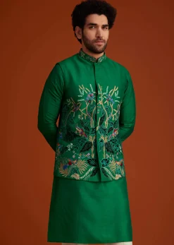 Green Floral Resham Embroidered Kurta Jacket Set