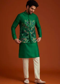 Green Floral Resham Embroidered Kurta Jacket Set