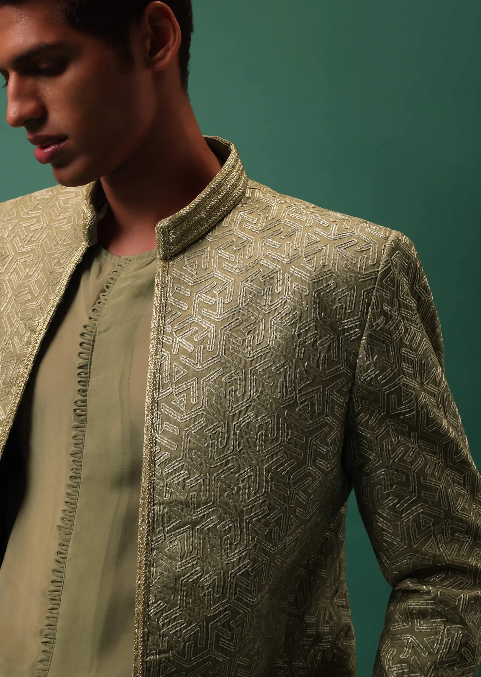 Green Foil Embroidered Jodhpuri Jacket Set With Detailed Organza Kurta
