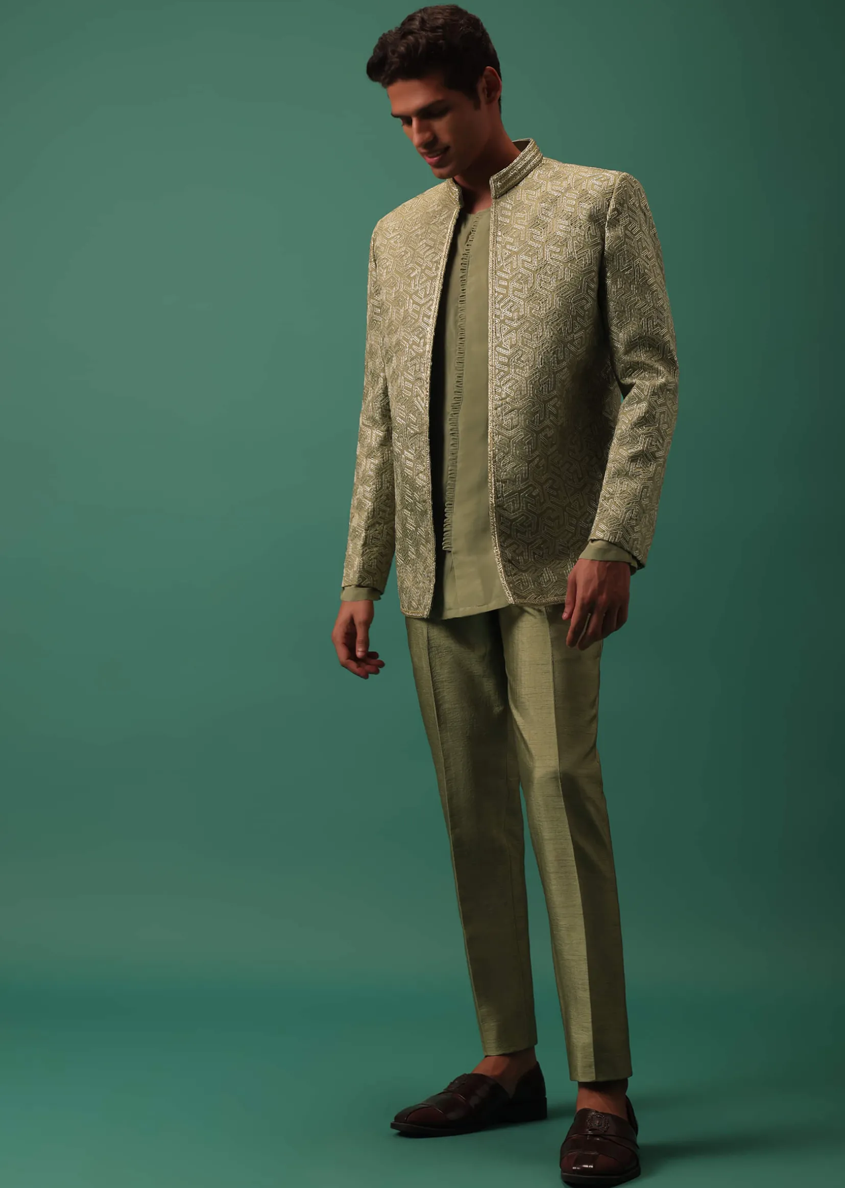 Green Foil Embroidered Jodhpuri Jacket Set With Detailed Organza Kurta