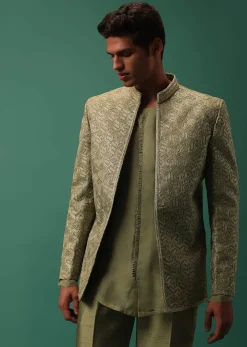 Green Foil Embroidered Jodhpuri Jacket Set With Detailed Organza Kurta