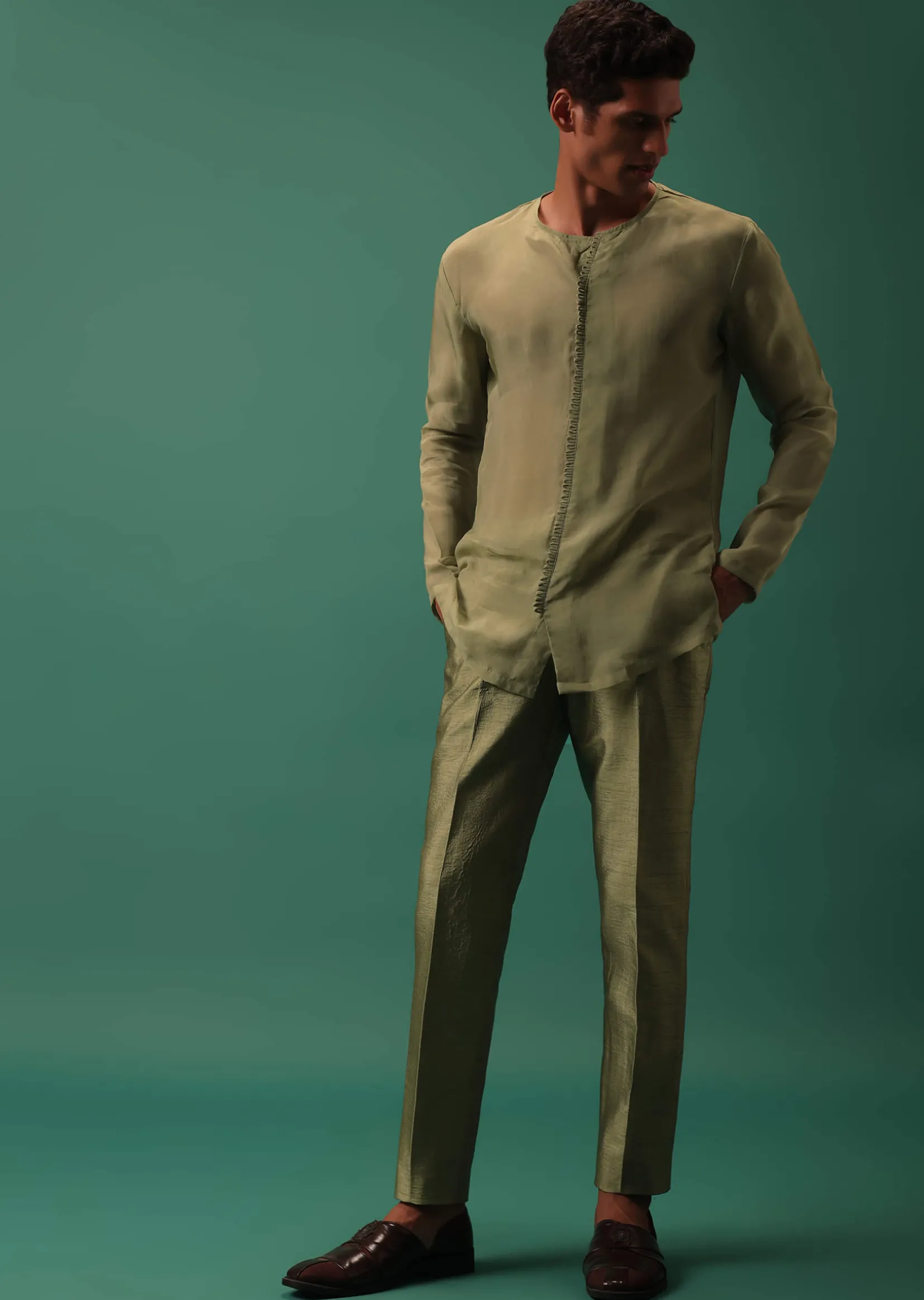 Green Foil Embroidered Jodhpuri Jacket Set With Detailed Organza Kurta