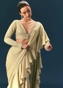Green Frill Ready To Wear Saree With Embellished Blouse