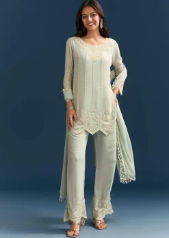Green Georgette Kurta Set With Beads Detailing