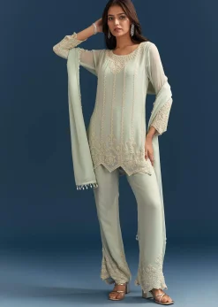 Green Georgette Kurta Set With Beads Detailing