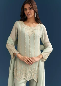 Green Georgette Kurta Set With Beads Detailing