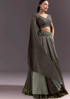 Green Georgette Lehenga Dupatta Set With Self Stone And Bead Work