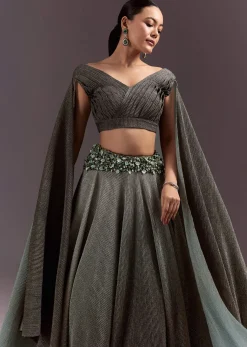 Green Georgette Lehenga Dupatta Set With Self Stone And Bead Work