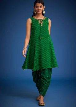 Green Georgette Leheriya Embroidered Dhoti Set