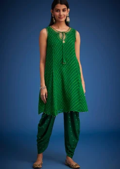 Green Georgette Leheriya Embroidered Dhoti Set