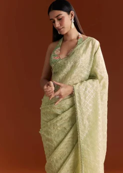 Green Glass Tissue Saree With Sequins And Cutdana Beaded Border