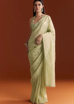 Green Glass Tissue Saree With Sequins And Cutdana Beaded Border
