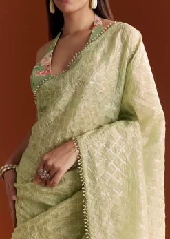 Green Glass Tissue Saree With Sequins And Cutdana Beaded Border