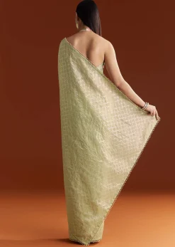 Green Glass Tissue Saree With Sequins And Cutdana Beaded Border