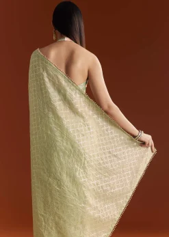 Green Glass Tissue Saree With Sequins And Cutdana Beaded Border