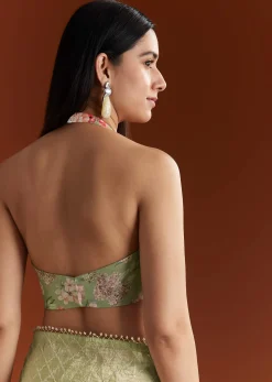 Green Glass Tissue Saree With Sequins And Cutdana Beaded Border
