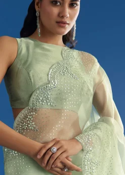 Green Glass Tissue Saree With All Over Cutdana And Sequins Embroidery