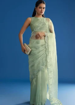 Green Glass Tissue Saree With All Over Cutdana And Sequins Embroidery