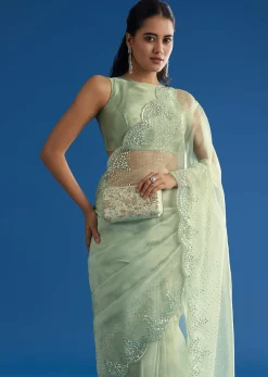 Green Glass Tissue Saree With All Over Cutdana And Sequins Embroidery